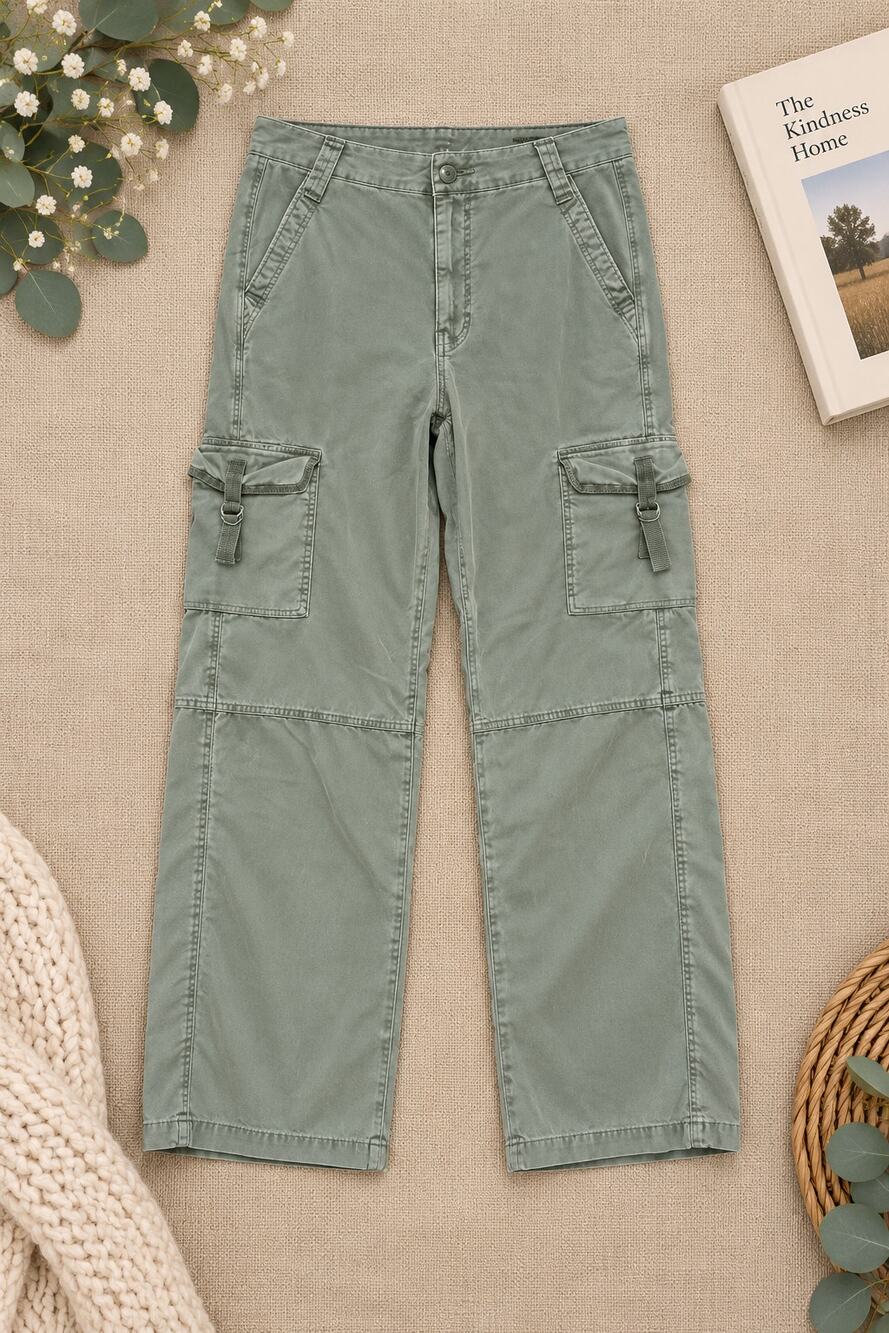 American Eagle Super High-Rise Baggy Wide Leg Cargo Pants Green Gorpcore Size 2